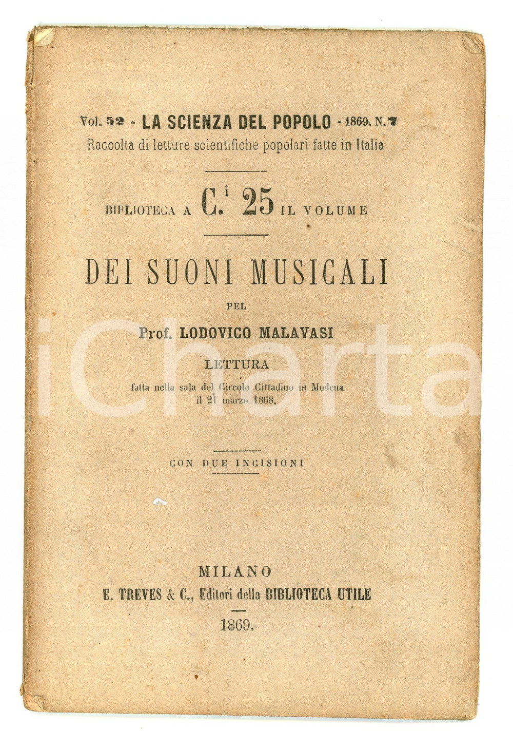Libro, pubblicazione d epoca 1869 Lodovico MALAVASI Dei suoni musicali TREVES Scienza del Popolo 52 1