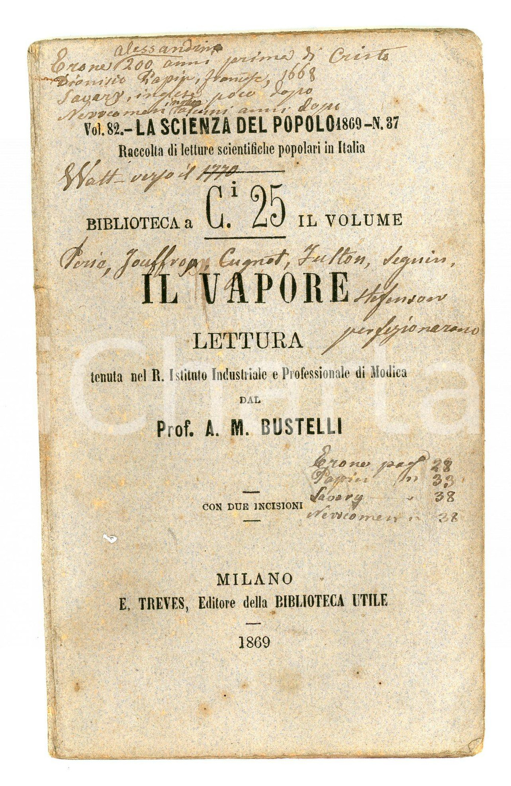 Libro, pubblicazione d epoca 1869 A. M. BUSTELLI Il Vapore  Ed. TREVES Scienza del Popolo n. 82 1