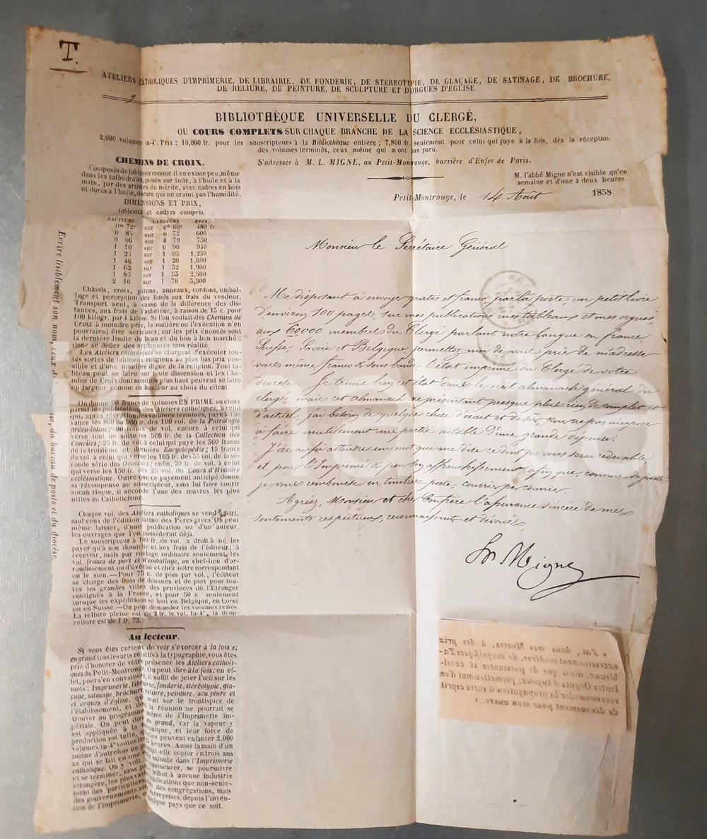 1858 PETIT-MONTROUGE Lettre Jacques Paul MIGNE - Bibliothèque Clergé *Autographe  Lettera originale, con firma autografa del celebre editore, relativa all'invio di un estratto delle sue pubblicazioni.Su carta intestata Bibliothèque Universelle du Clergé.Viaggiata. FAIR/discreto piegature d'epoca; piccoli strappi marginali  originale e autentica 1