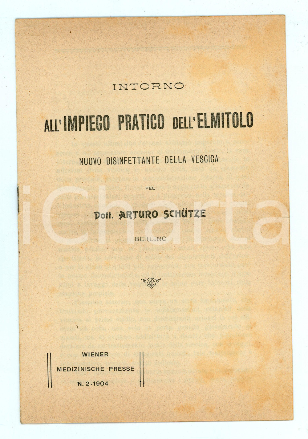 Libro, pubblicazione d epoca 1904 Arturo SCHUTZE Impiego pratica dell elmitolo WIENER MEDIZINISCHE PRESSE 1