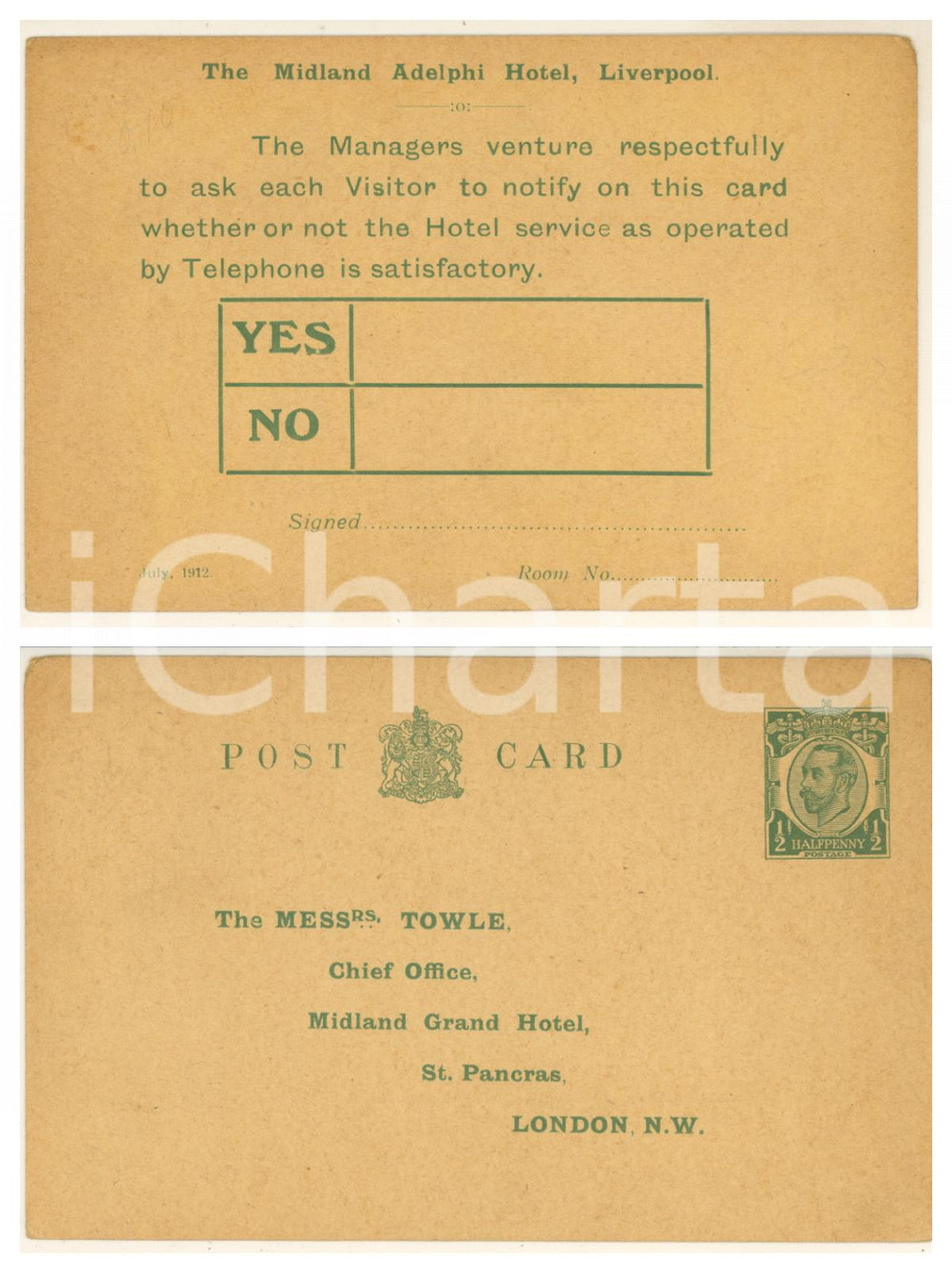 1890 ca LIVERPOOL The Midland Adelphi Hotel - Hotel service postcard  Cartolina postale, originale d'epoca, realizzata per i clienti dell'albergo, che potevano così comunicare il loro livello di soddisfazione. FAIR/discreto piegature marginali, dovute all'inserimento in un album; minima smussatura angolare Formato: 14x9 cm originale e autentica 1