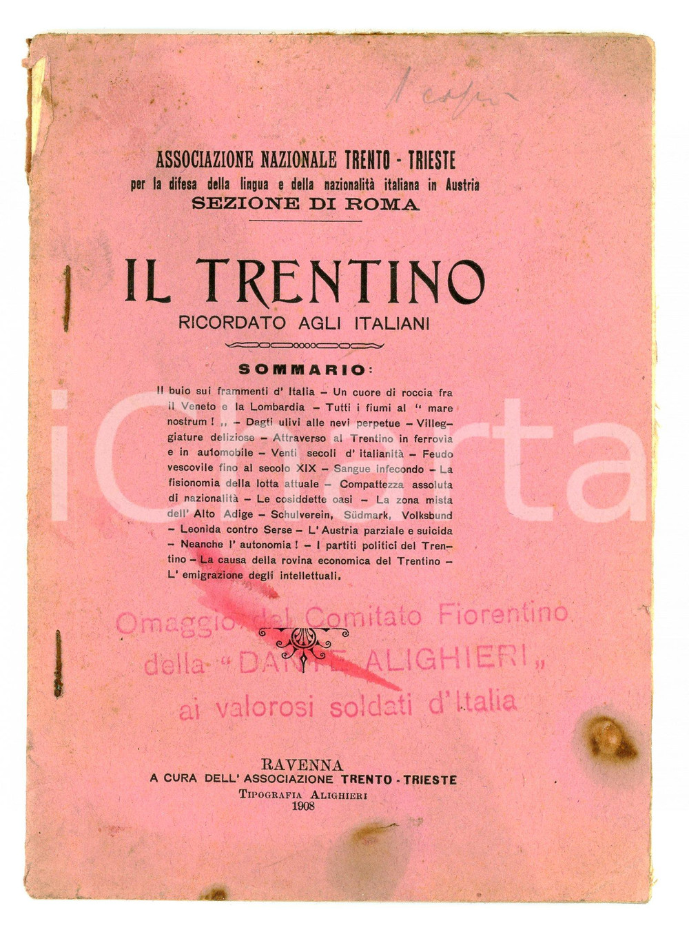 Libro, pubblicazione d epoca 1908 Ass. TRENTO  TRIESTE Il Trentino ricordato agli italiani  Pubblicazione 1