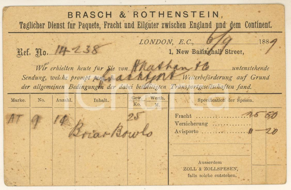 1889 LONDON - BRASCH & ROTHENSTEIN - Cartolina postale pubblicitaria  Cartolina postale, originale d'epoca, viaggiata. FAIR/discreto piegature angolari e fioriture Formato: 14x9 cm originale e autentica 1