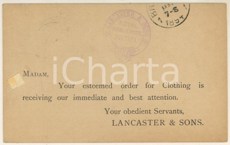 1894 PORTSEA ISLAND - Lancaster & Sons Royal Naval Tailors - Order *Postcard  Cartolina postale, originale d'epoca, viaggiata. GOOD/buono piccolo residuo cartaceo; minime smussature angolari Formato: 12x7 cm originale e autentica 1