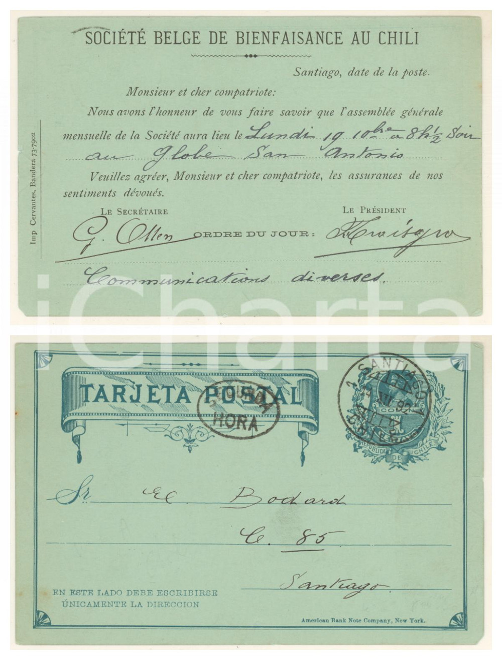 1892 SANTIAGO Société Belge de Bienfaisance au Chili - Carte postale assemblée  Cartolina postale, originale d'epoca, viaggiata. FAIR/discreto piegature marginali, dovute all'inserimento in un album; minima smussatura angolare Formato: 14x9 cm originale e autentica 1
