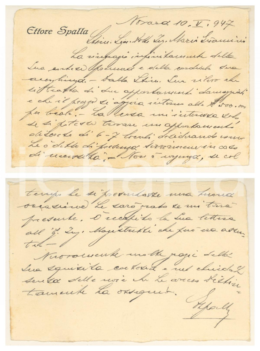 Autografo originale 1947 NOVARA Biglietto Ettore SPALLA per appartamento  Autografo 1