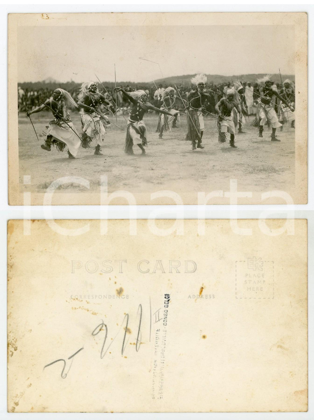 1930 ca ZAGOURSKI «L'Afrique qui disparaît» RUANDA Danses - Postcard 116  Fotocartolina postale d'epoca, appartenente alla 2^ serie &laquo;L'Afrique qui dispara&icirc;t&raquo; del fotografo Casimir Zagourski (L&eacute;opoldville).N&deg; 116, non viaggiata.CONDIZIONI: FAIR (bruniture diffuse e macchie al verso)FORMATO: 14x9 cm    originale e autentica 1