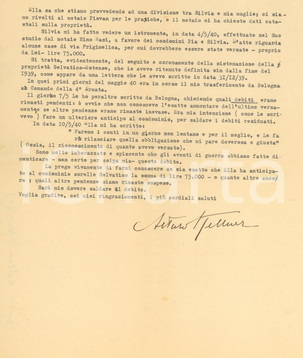 Autografo originale 1946 PADOVA Lettera Arturo KELLNER ONGARO per sistemazione proprietÃ  Autografo 1