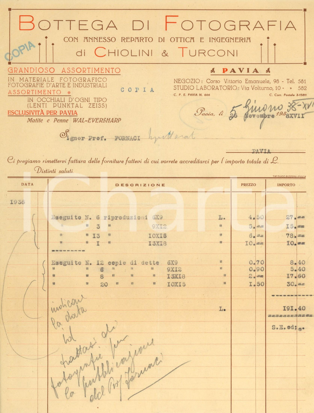 Documento originale, autentico 1938 PAVIA Bottega di fotografia CHIOLINI & TURCONI  Fattura intestata 1