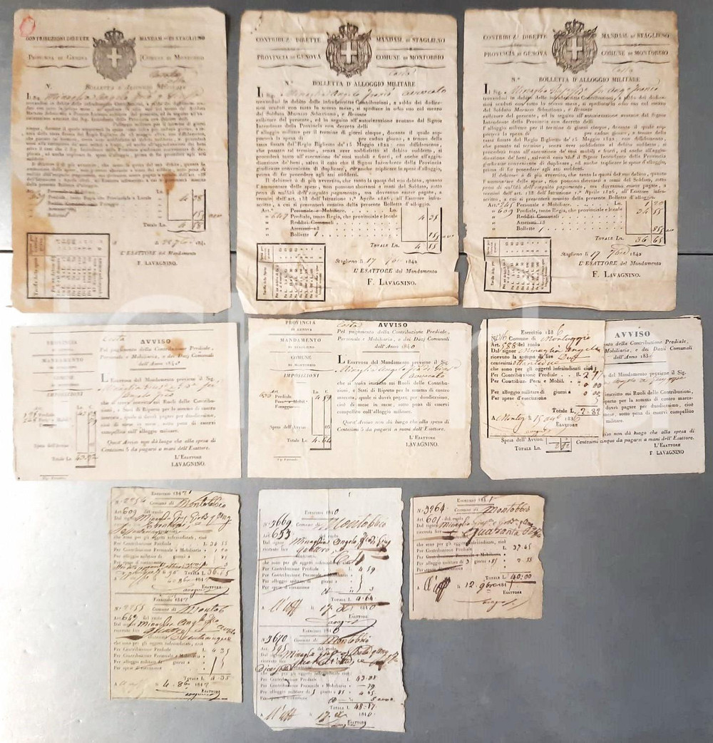 Documento originale, autentico 1836  1842 GENOVA MONTOBBIO Lotto 9 bollette alloggio militare  esattoria 1