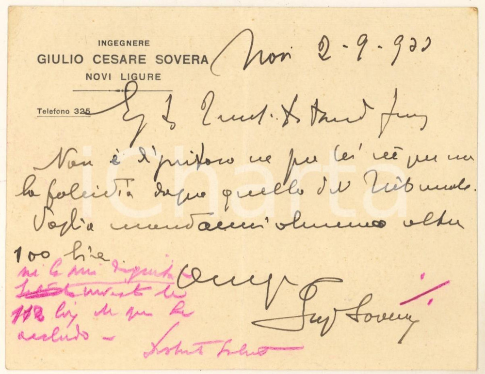 Autografo originale 1933 NOVI LIGURE Ingegnere Giulio Cesare SOVERA per credito Autografo 1