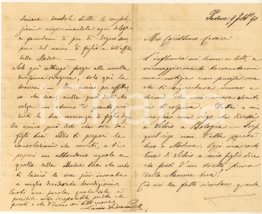 Autografo originale 1890 PADOVA Lettera Andrea SANTELLI per condoglianze  Autografo 1