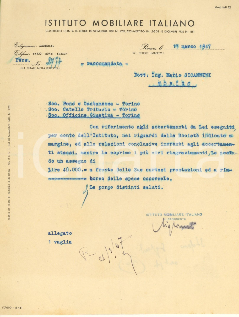 Autografo originale 1947 ROMA Istituto Mobiliare Italiano  Stefano SAGLIENTI presidente  Autografo 1