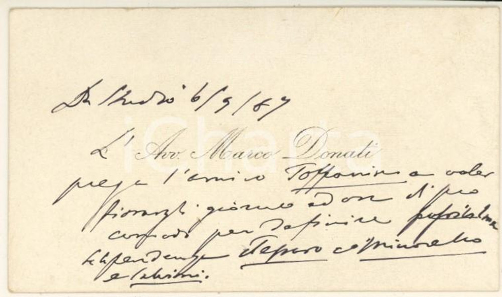 Autografo originale 1887 PADOVA Avv. Mario DONATI  Biglietto da visita  Autografo 1