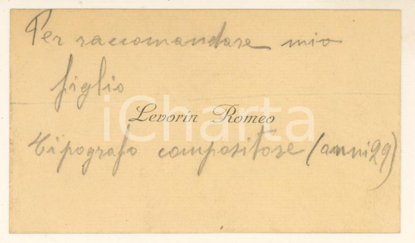 Oggetto da collezione cartaceo 1900 ca PADOVA ? Romeo LEVORIN  Biglietto per raccomandare il figlio tipografo 1
