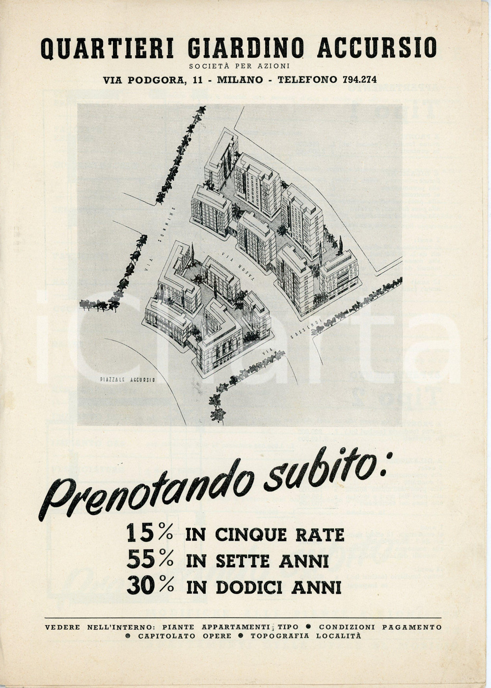 Documento originale, autentico 1960 MILANO Via Podgora 11  Quartieri Giardino ACURSIO Pieghevole 21x30 cm 1