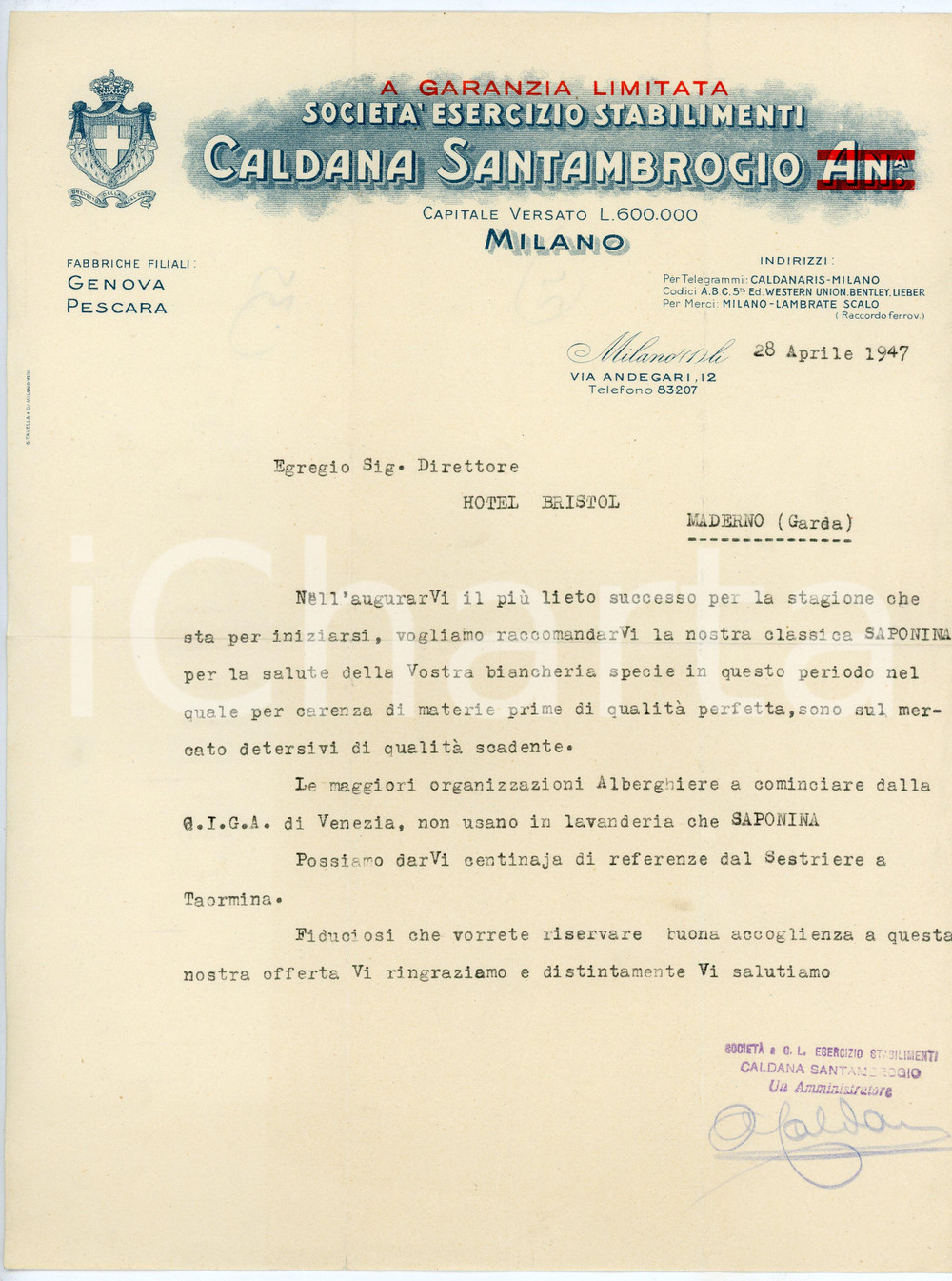 Documento originale, autentico 1947 MILANO SocietÃ  CALDANA SANTAMBROGIO Lettera all Hotel Bristol di MADERNO 1