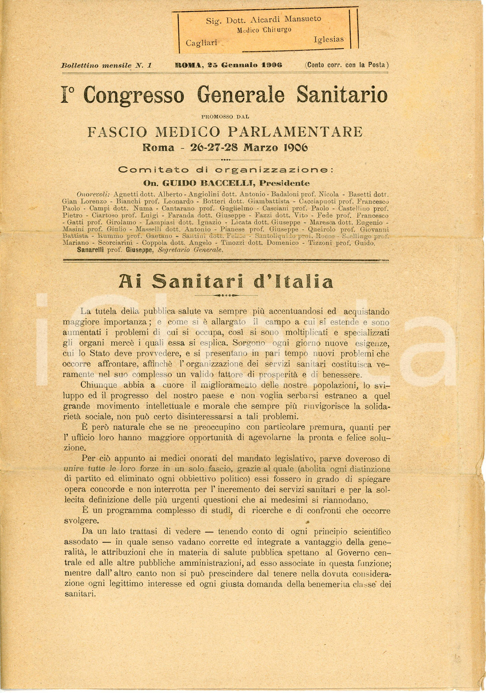 Documento originale, autentico 1906 ROMA Fascio Medico Parlamentare  I° Congresso sanitario  Bollettino n.1 1