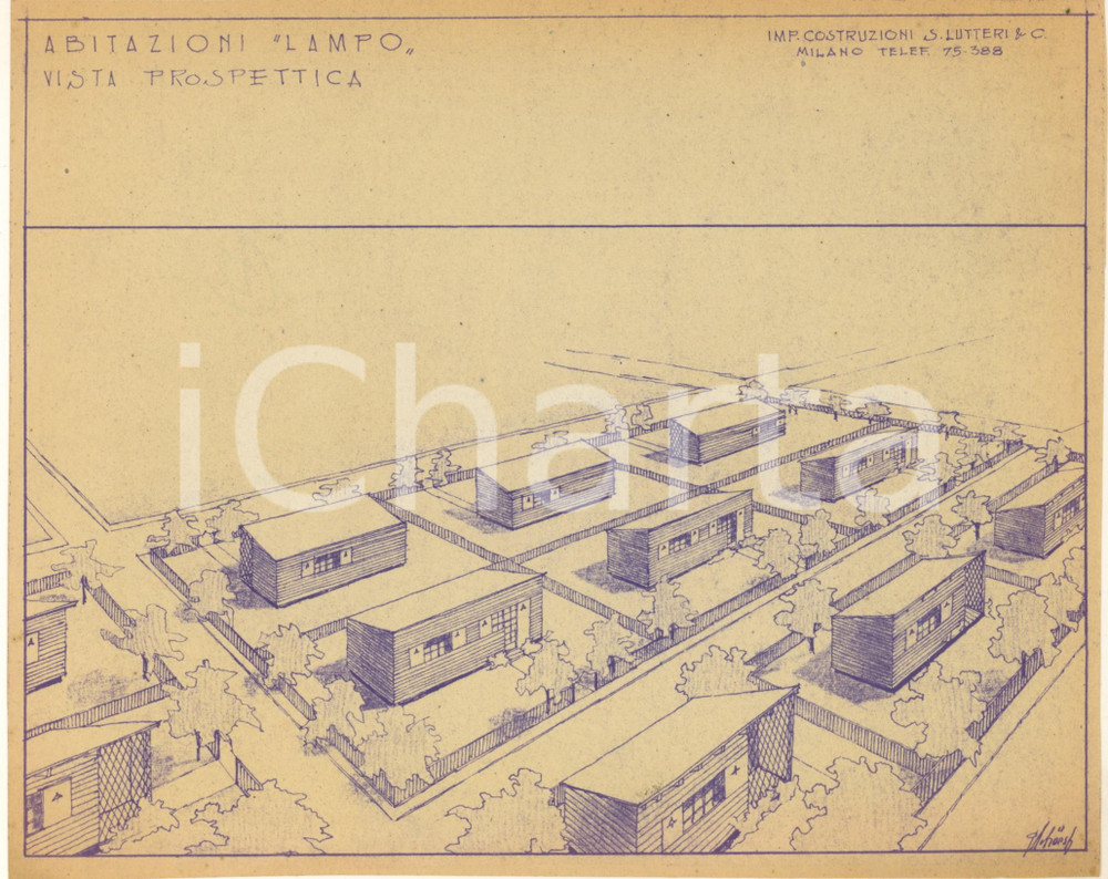Mappa, planimetria storica 1950 ca MILANO Ditta S. LUTTERI Progetto abitazioni LAMPO 26x21 cm 1