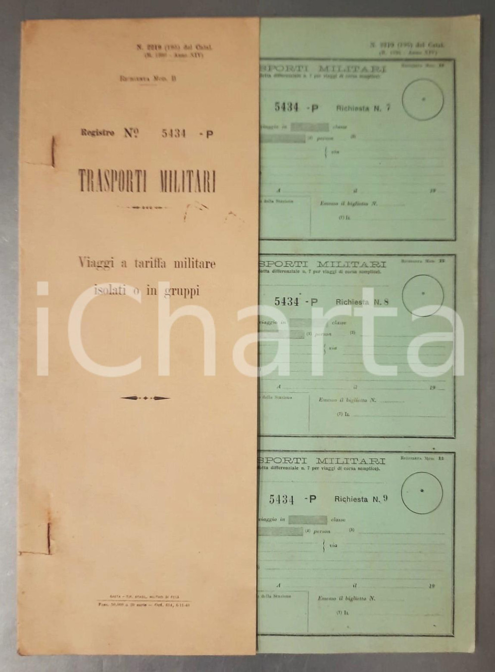 Documento originale, autentico 1940 TRASPORTI MILITARI Registro richieste viaggi  nÂ° 53 non compilato 1