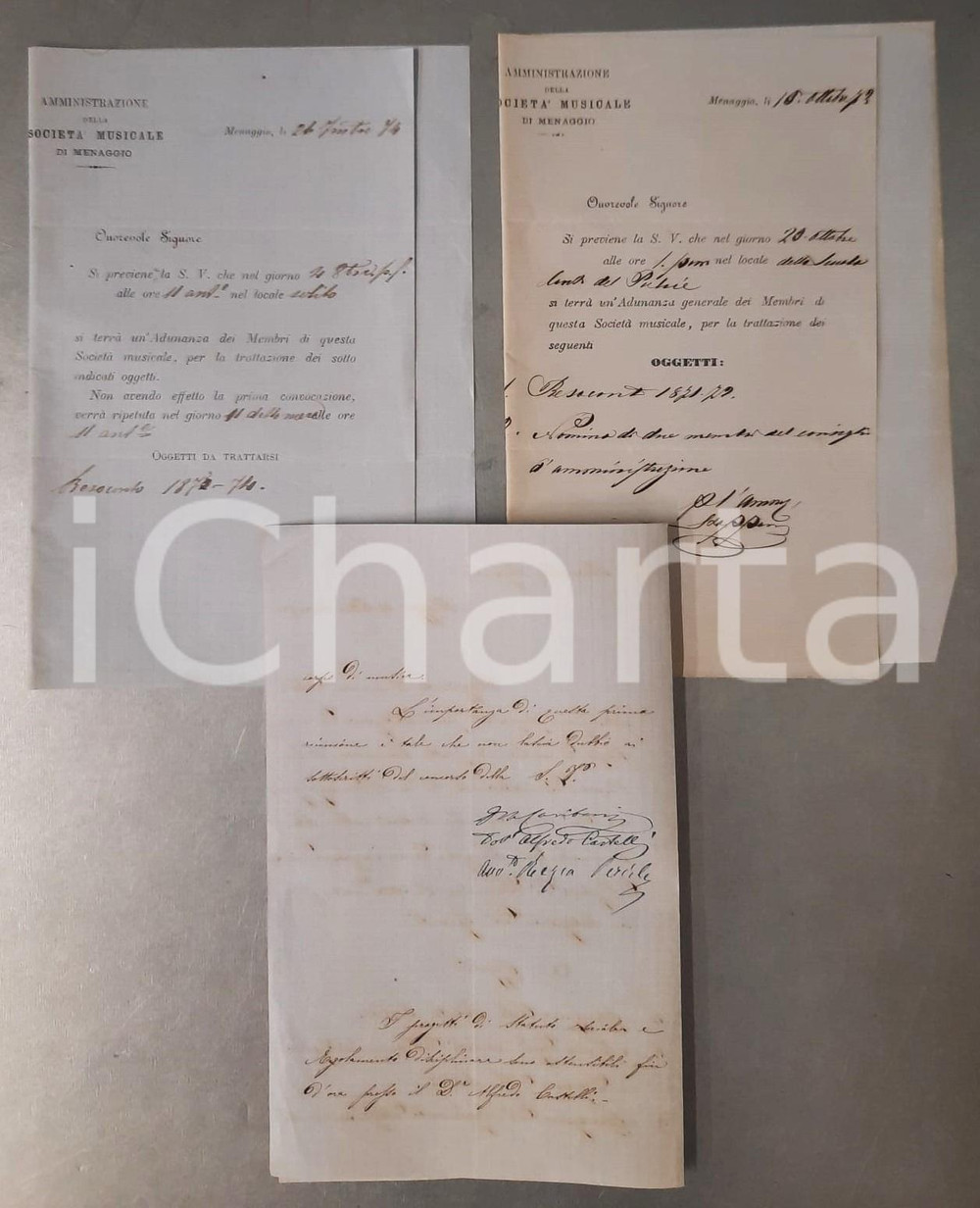 Documento originale, autentico 187074 Società Musicale di MENAGGIO  Nascita e adunanze Lotto 3 lettere 1