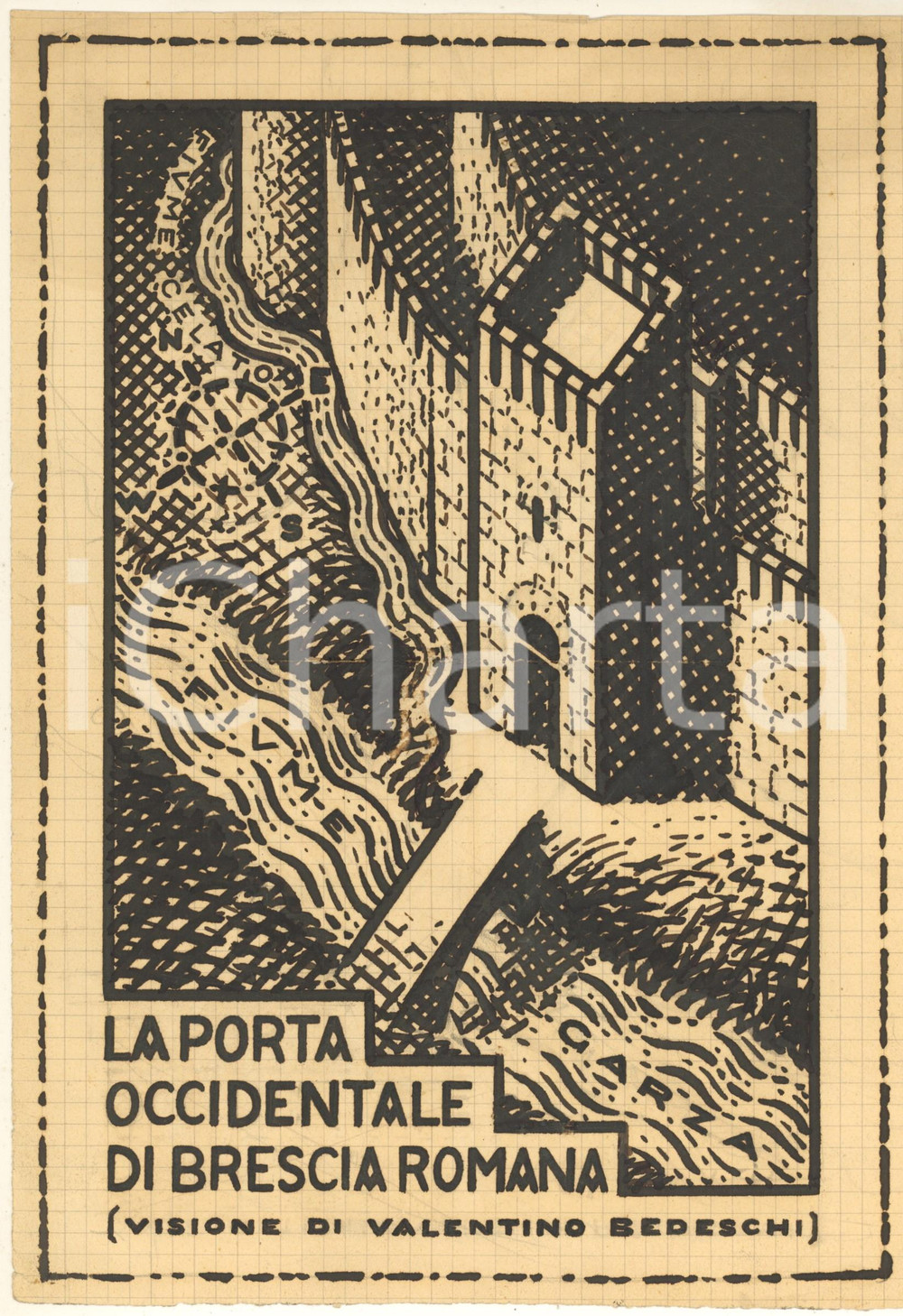 Stampa, bozzetto originale 1930 ca ARTE Valentino BEDESCHI La porta occidentale di Brescia Romana Bozzetto 1