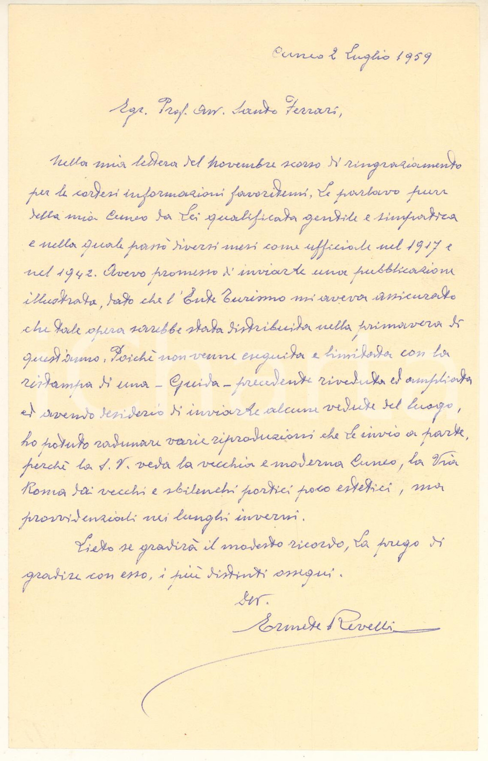 Autografo originale 1959 CUNEO Lettera Ermete REVELLI per invio di pubblicazione  Autografo 1