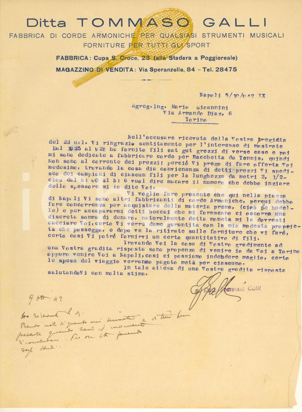 Autografo originale 1942 NAPOLI Tommaso GALLI Fabbrica corde musicali e per racchette  Lettera 1