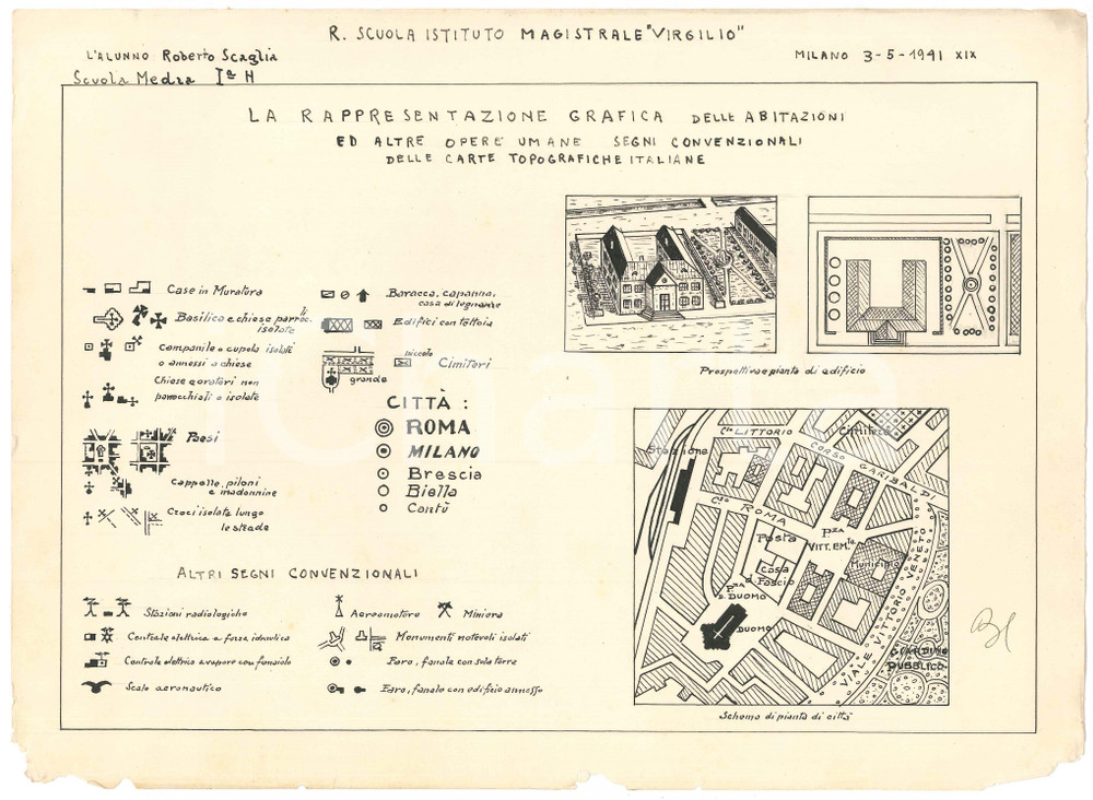 Stampa, bozzetto originale 1941 MILANO Ist. Magistrale Virgilio  Segni nelle carte topografiche  Tavola 1