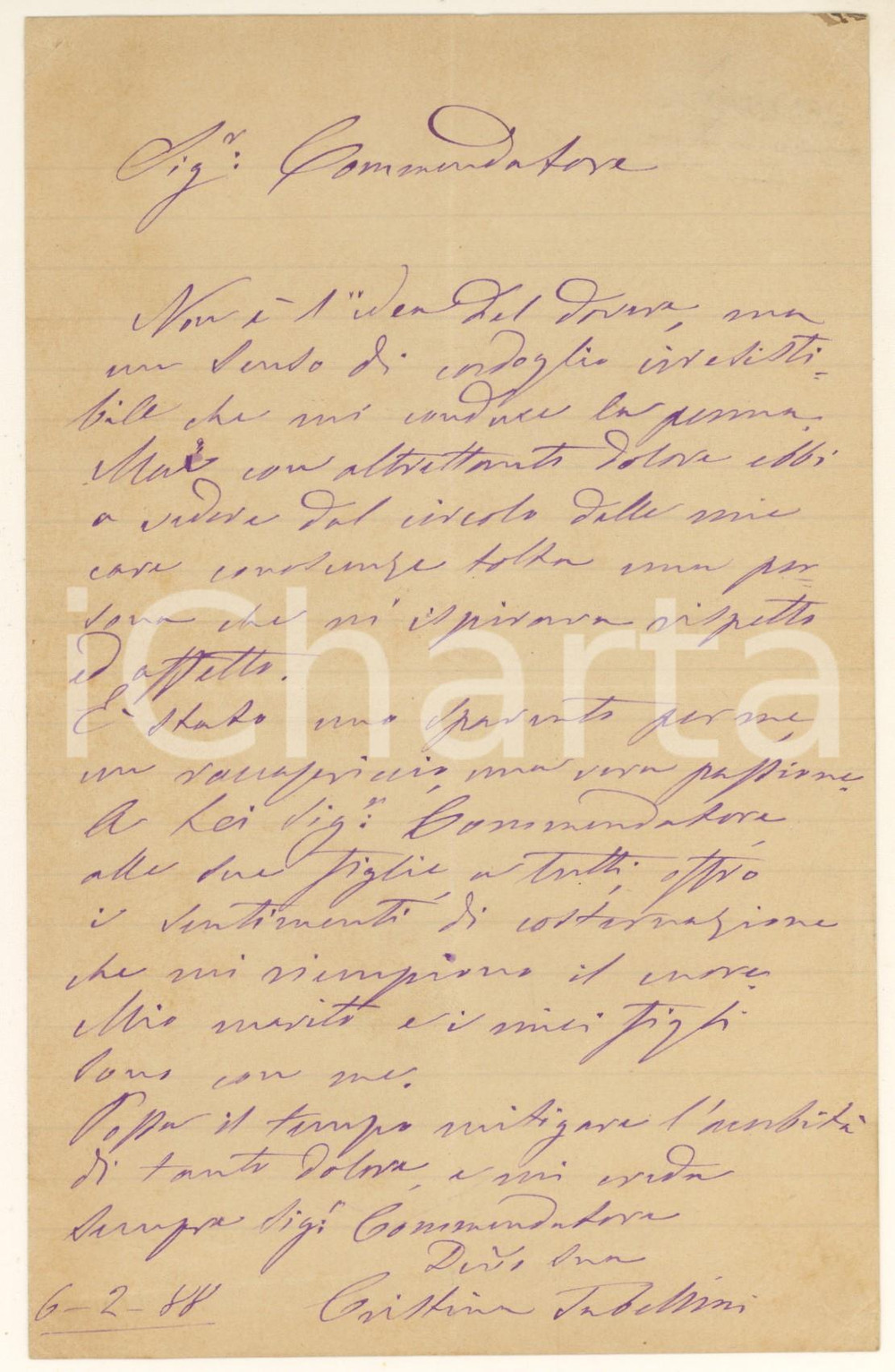 Autografo originale 1888 BOLOGNA Lettera scrittrice Cristina TABELLINI per condoglianze  Autografo 1