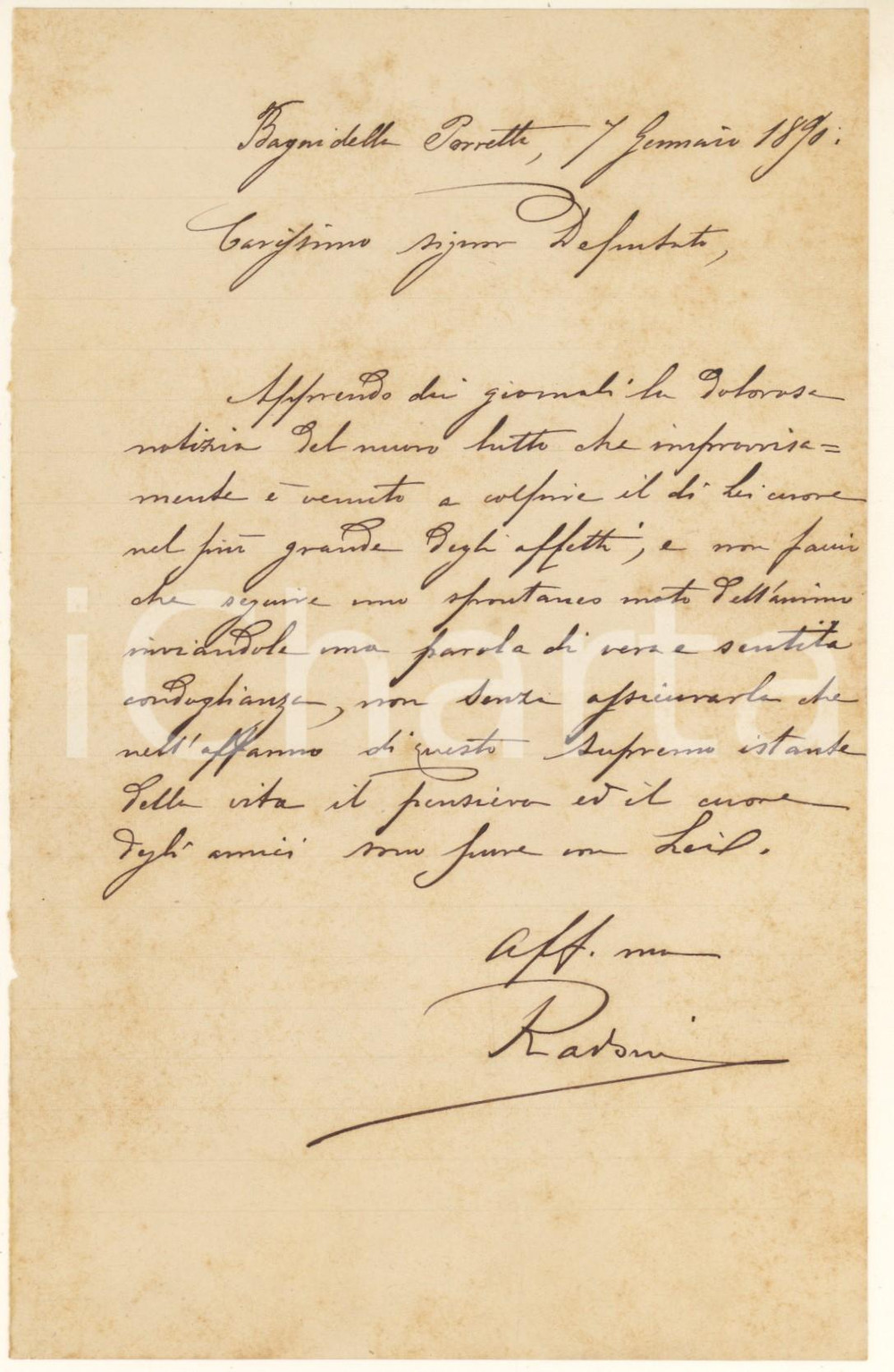 Autografo originale 1890 BAGNI DELLA PORRETTA Lettera cav. Enea RADONI per condoglianze  Autografo 1