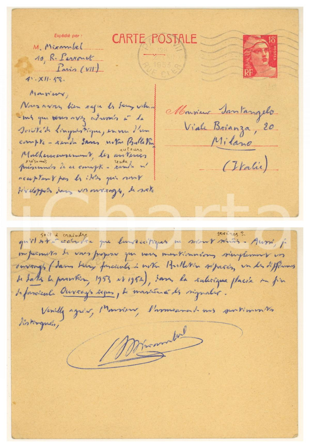 Autografo originale 1953 PARIS Cartolina AndrÃ© MIRAMBEL per contributi al bollettino  Autografo 1