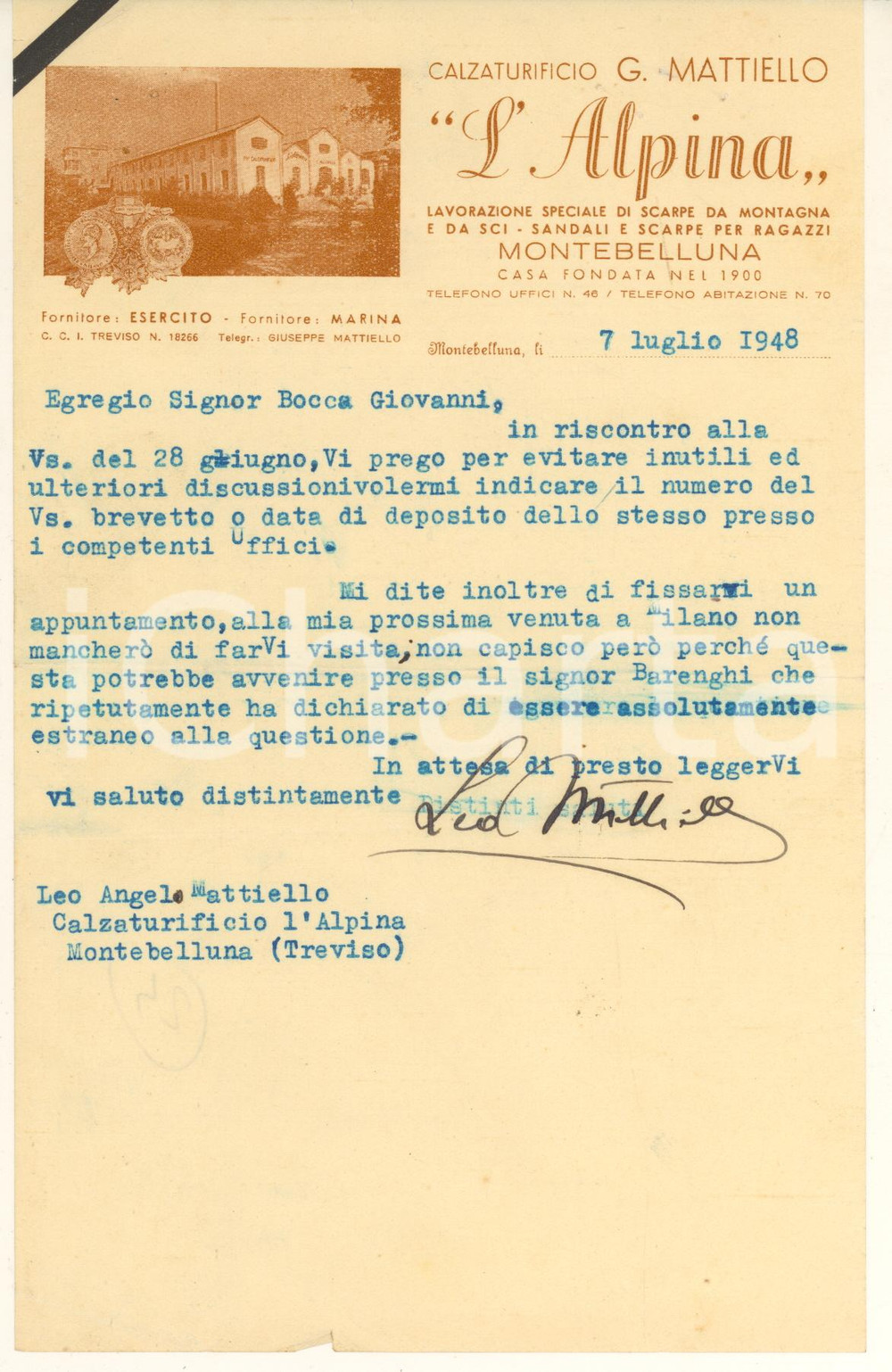 Manoscritto, lettera originale 1948 MONTEBELLUNA Calzaturificio G. MATTIELLO  L ALPINA  Lettera 1