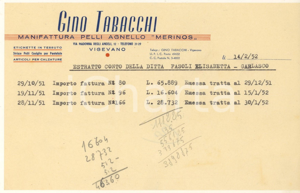 Documento originale, autentico 1952 VIGEVANO Gino TABACCHI Manifattura Pelli Agnello MERINOS  Estratto conto 1