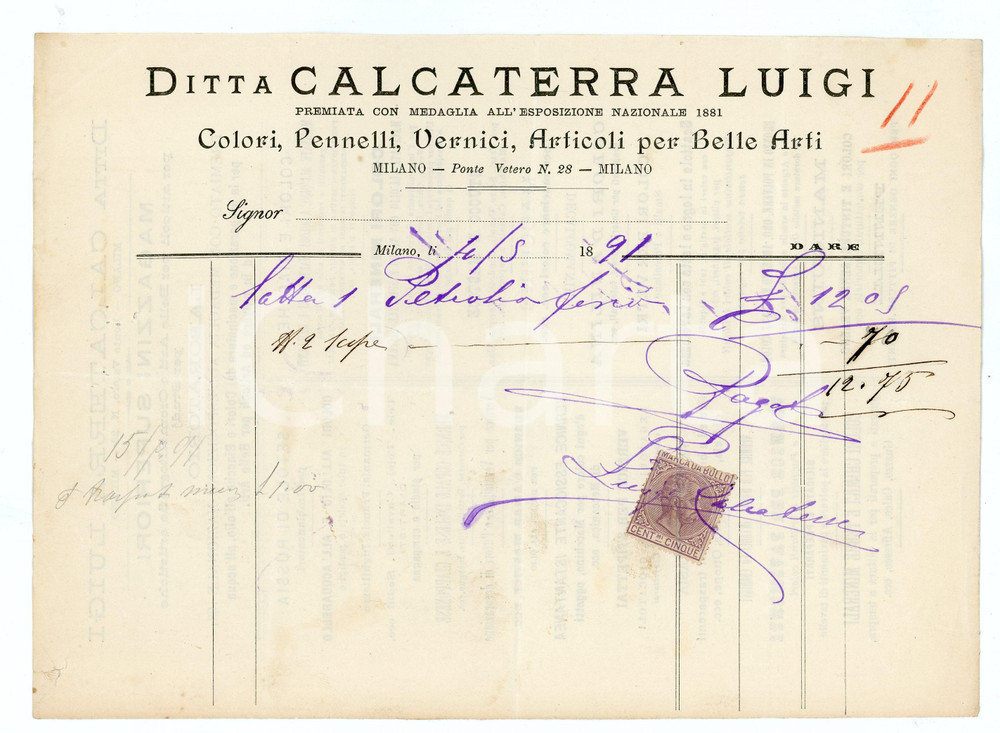 Documento originale, autentico 1891 MILANO Ditta Luigi CALCATERRA Pennelli e vernici  Fattura 22x16 cm 1