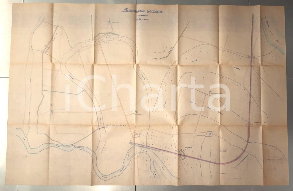 Mappa, planimetria storica 1950 ca Area di PAVIA Torrente SCRIVIA  Canale e cascine Planimetria generale 1
