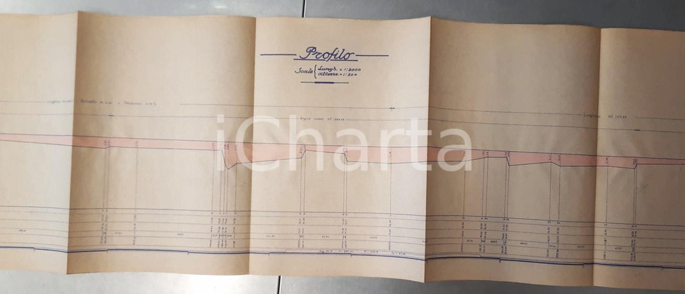 Mappa, planimetria storica 1950 ca ALESSANDRIA Torrente SCRIVIA  Progetto per argine  Profilo 200x32 cm 1
