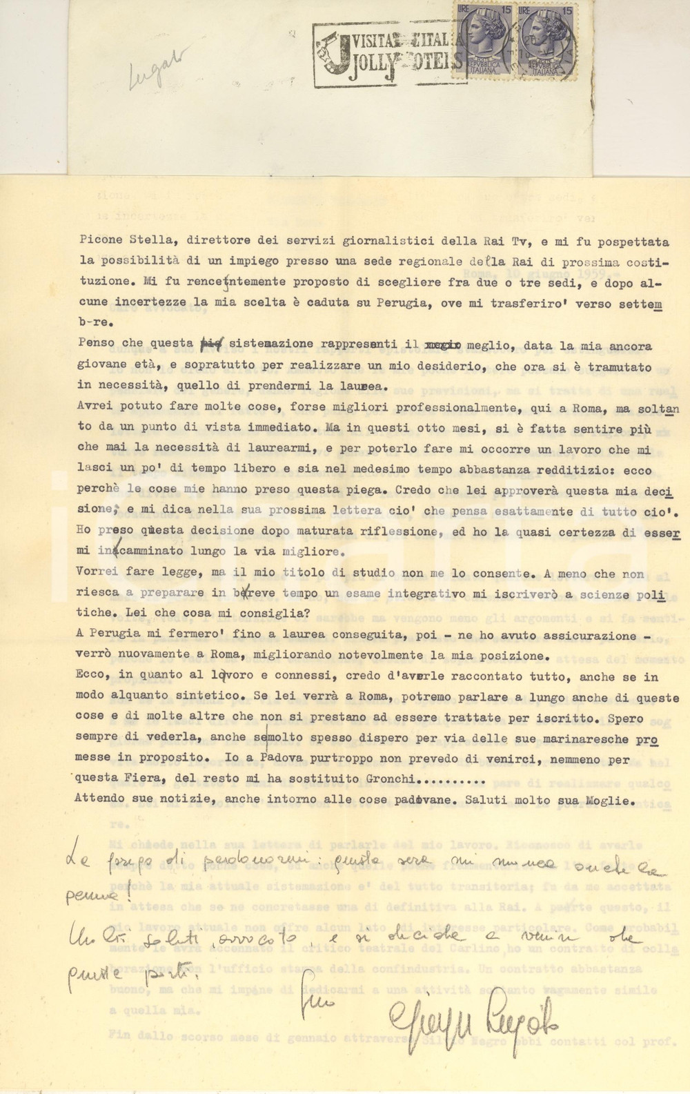 Autografo originale 1959 ROMA RAI TV Giuseppe LUGATO e il trasferimento a Perugia  AUTOGRAFO 1
