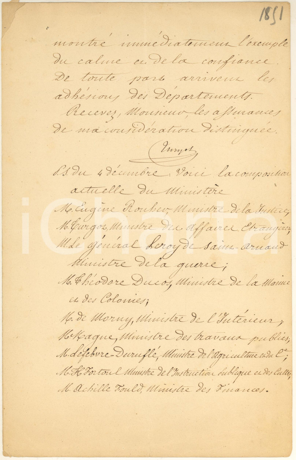Autografo originale 1851 FRANCIA Colpo di Stato  Annuncio nuovo governo Autografo Louis DE TURGOT 1