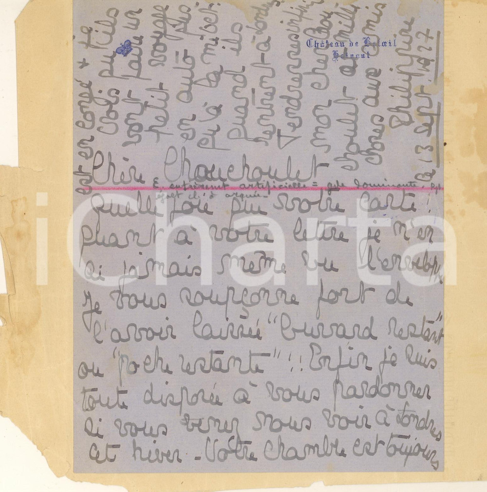 Autografo originale 1920 ca CHATEAU DE BELOEIL  Lettre princesse Philippine DE LIGNE Autographe 1