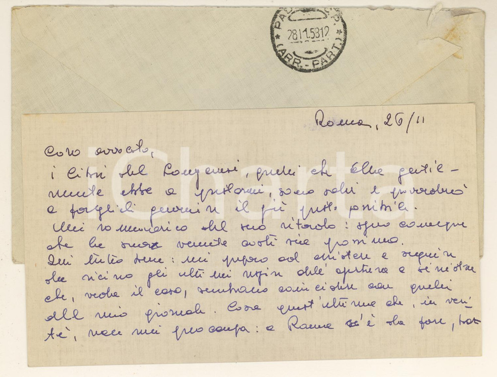 1958 ROMA Giuseppe LUGATO ringrazia per libri ricevuti - AUTOGRAFO  Lettera interamente autografa del giornalista, su biglietto scritto su due facciate.Busta viaggiata. FAIR/discreto piegature d'epoca  originale e autentica 1