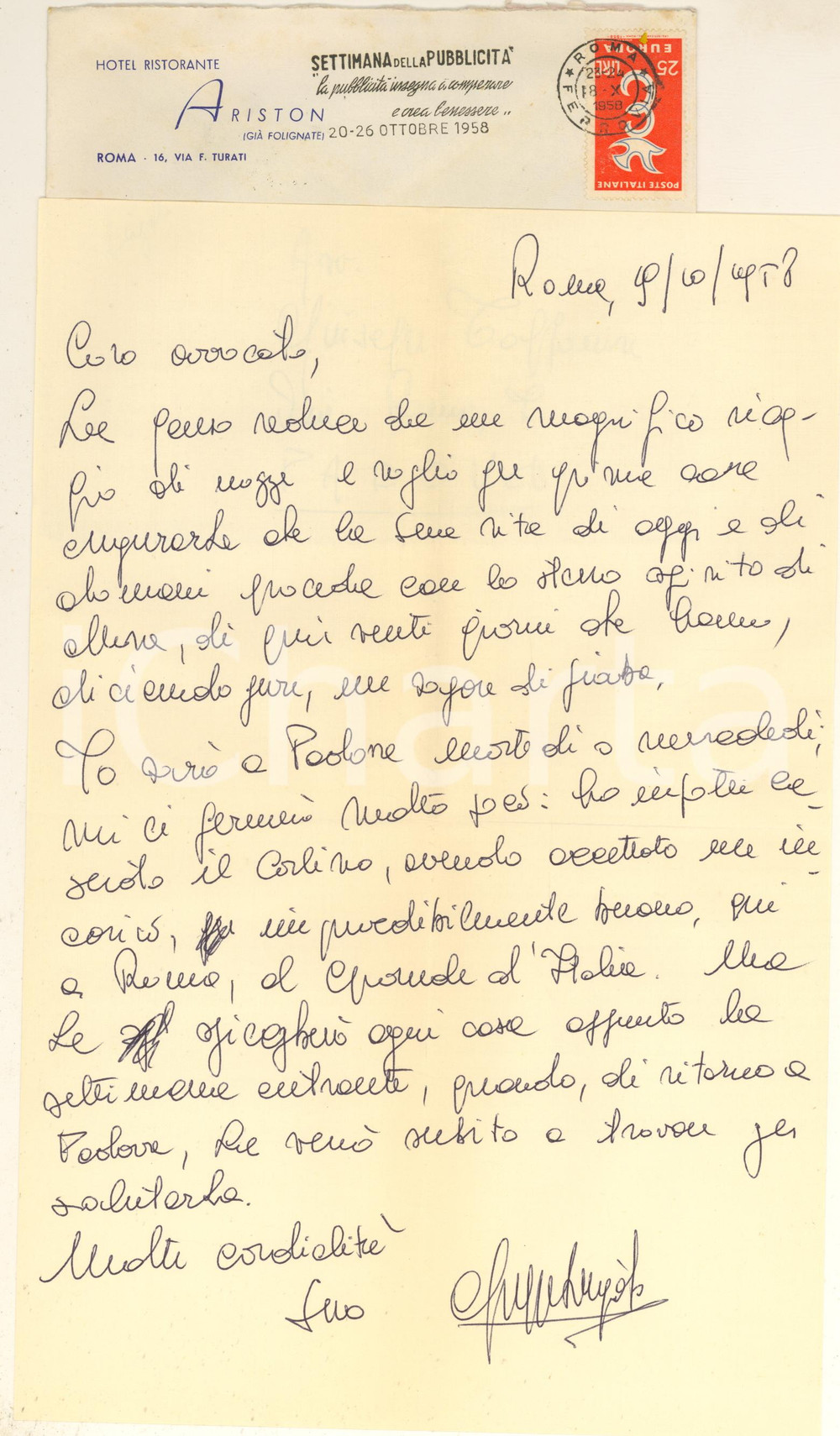 Autografo originale 1958 ROMA Giuseppe LUGATO  Nuovo incarico al Giornale d Italia  AUTOGRAFO 1