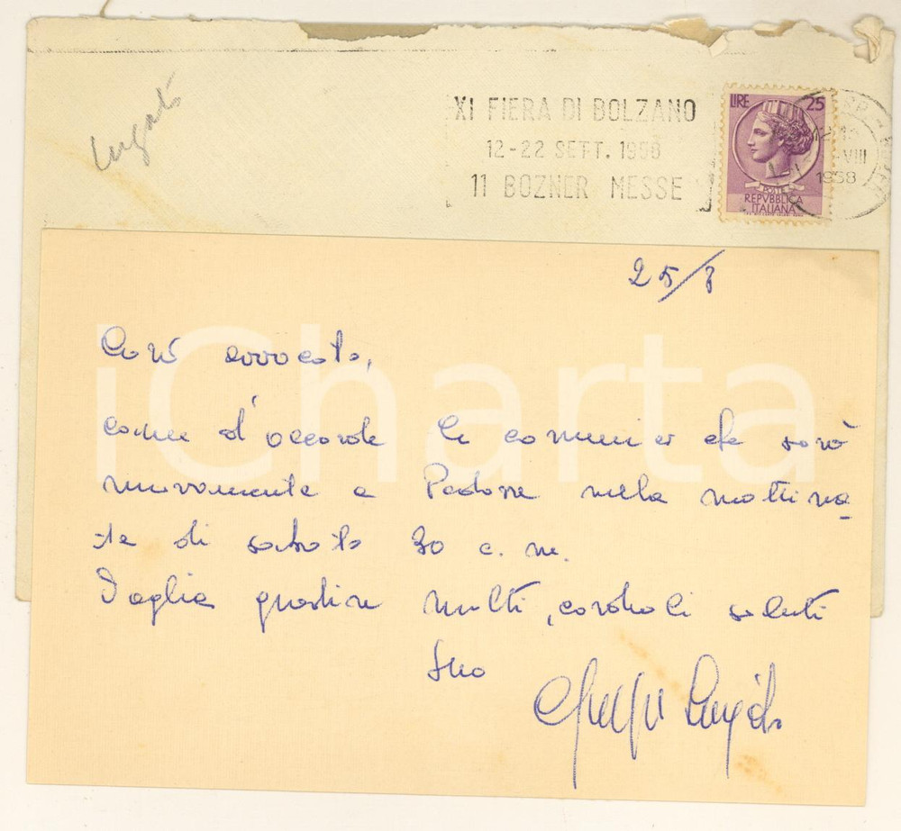 Autografo originale 1958 BOLZANO Giuseppe LUGATO  Biglietto per appuntamento  Autografo 1