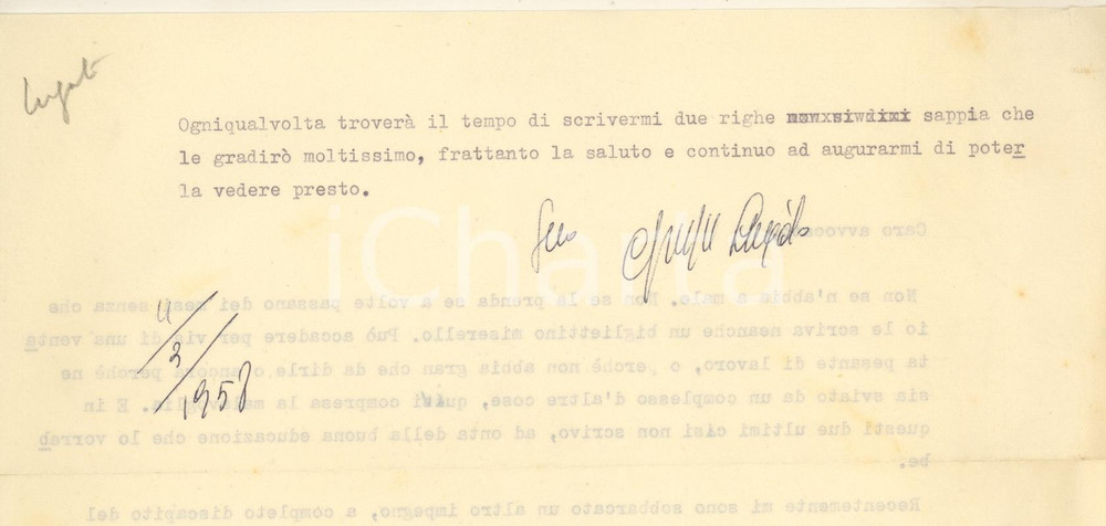 1958 ROMA Giuseppe LUGATO "I romani se ne infischiano del governo"- Autografo  Lettera dattiloscritta, con firma autografa del giornalista, di contenuto personale.PAGINE: 1 FAIR/discreto piegature d'epoca  originale e autentica 1