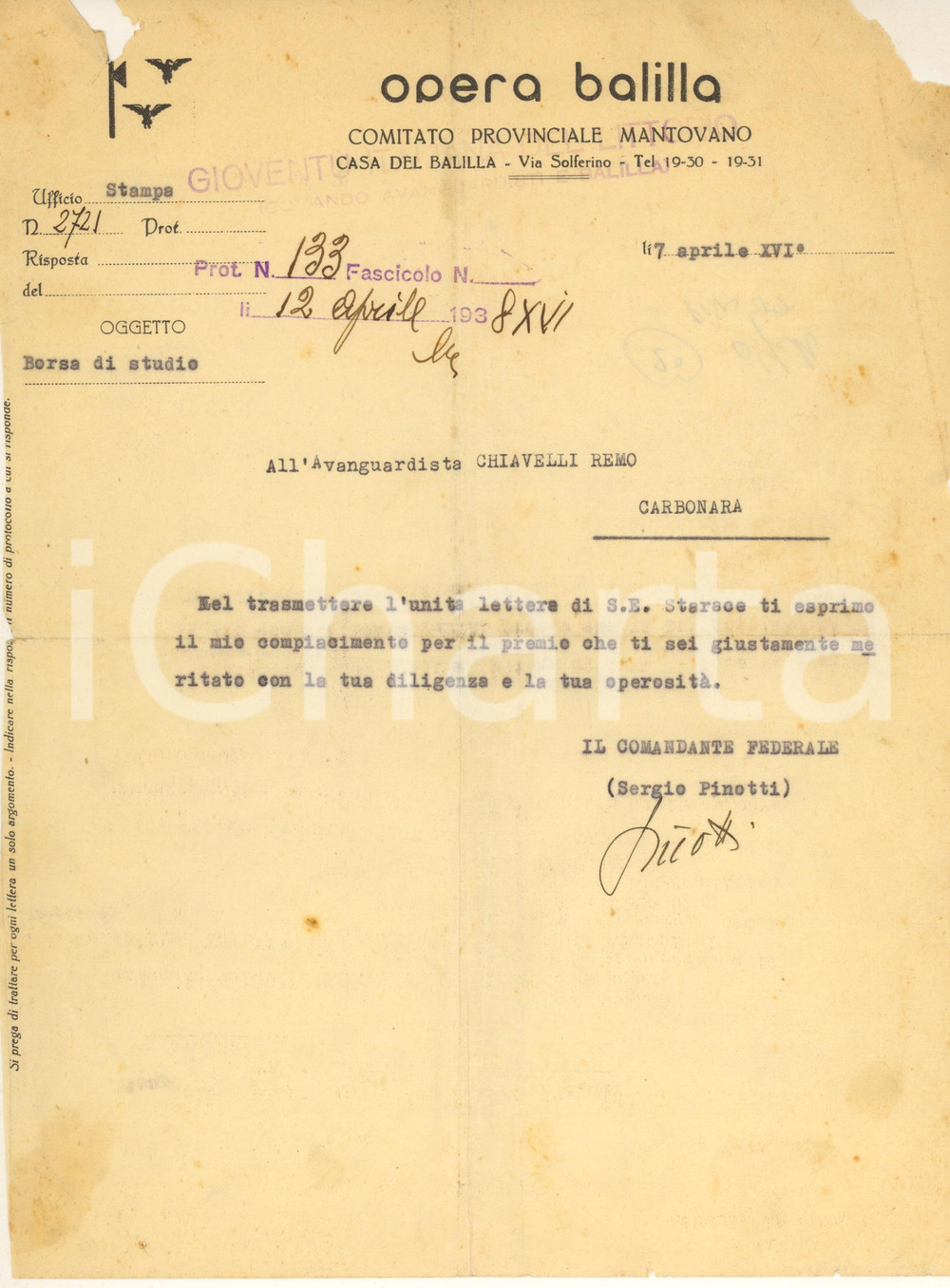 Documento originale, autentico 1938 MANTOVA Opera BALILLA  Lettera Sergio PINOTTI ad avanguardista Autografo 1
