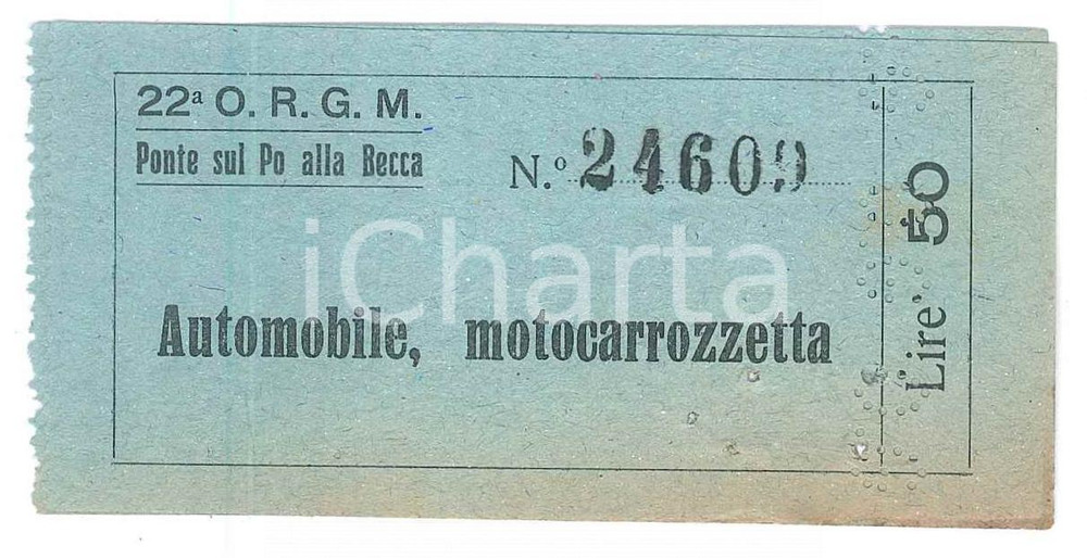 Oggetto da collezione cartaceo 1950 ca MEZZANINO Ponte della Becca sul Po Biglietto auto e motocarrozzetta 2 1