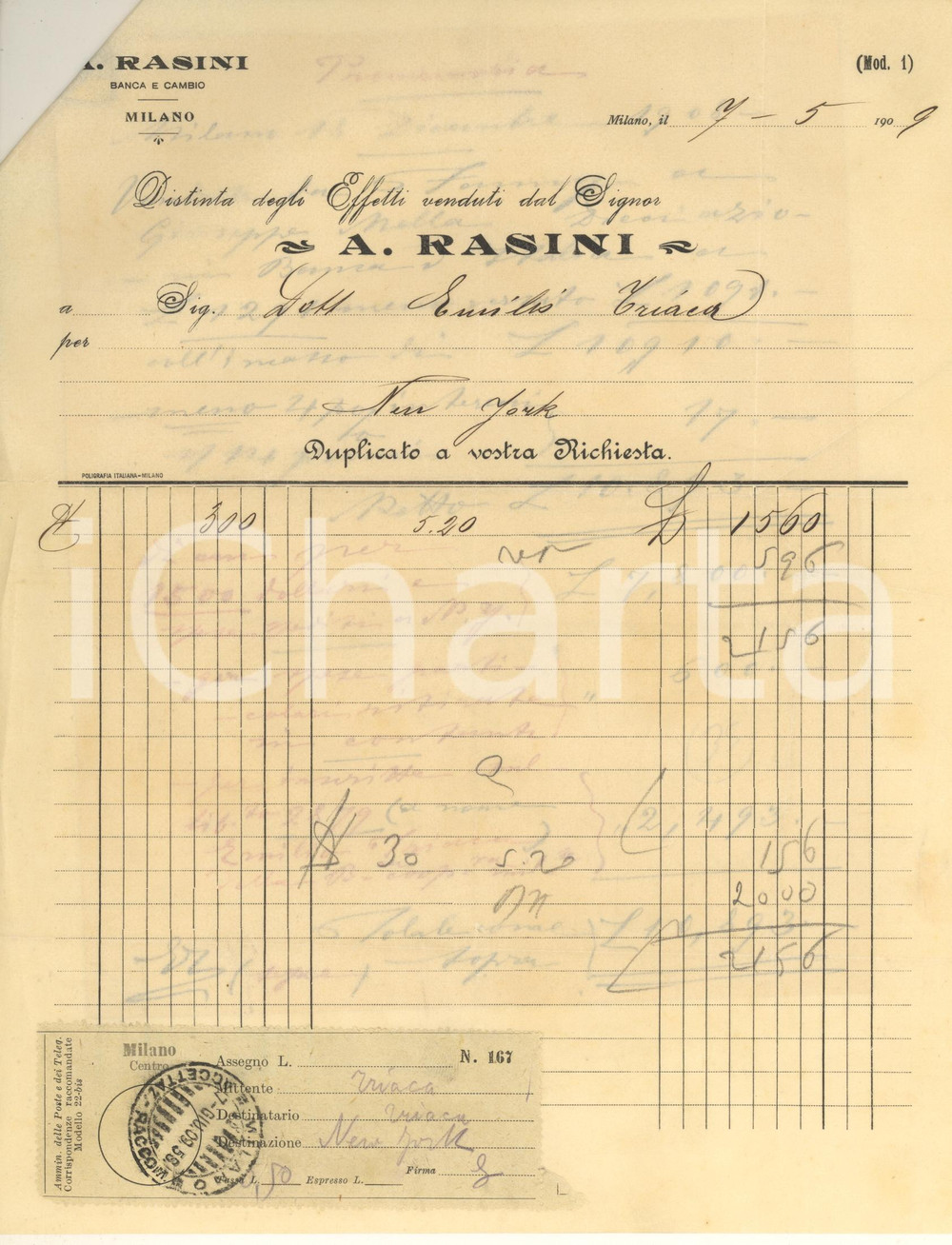 Documento originale, autentico 1909 MILANO A. RASINI Banca e cambio  Distinta effetti venduti e promemoria 1