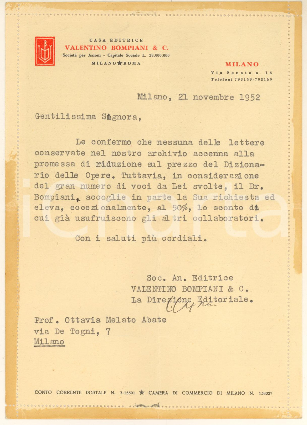 Documento originale, autentico 1952 MILANO Casa Editrice BOMPIANI  Lettera per sconto collaboratori 1