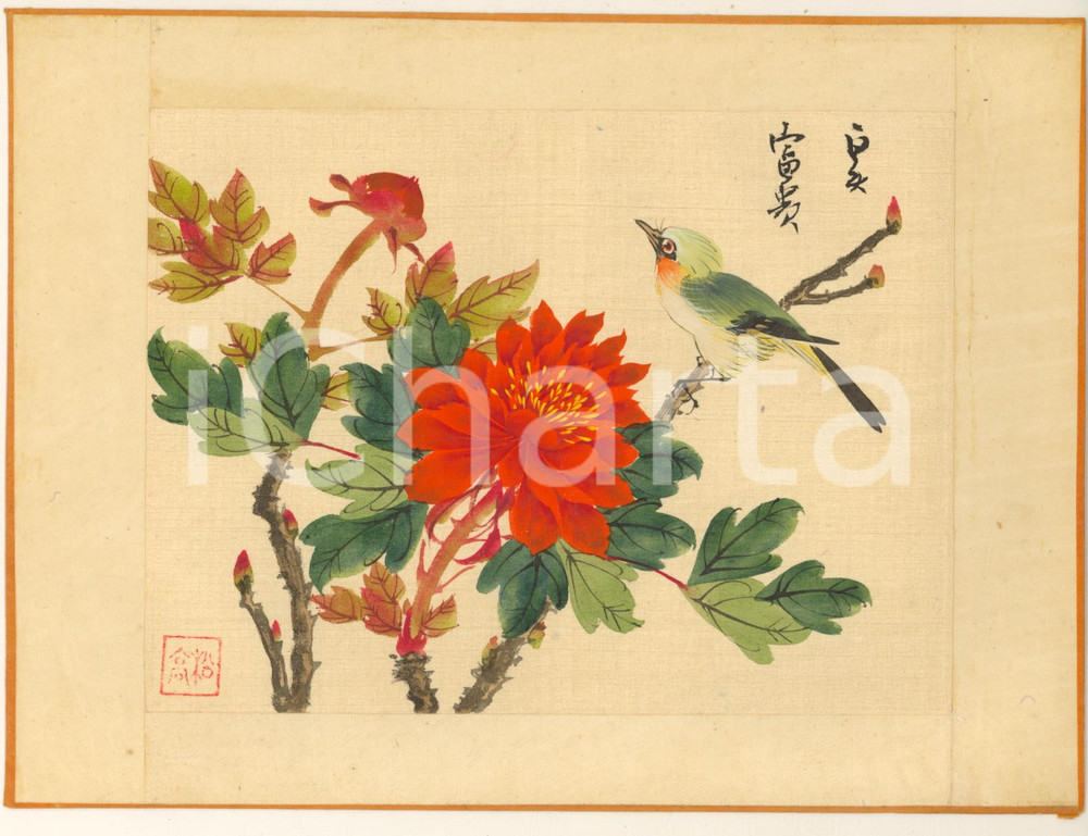 Stampa, bozzetto originale 1950 ca CHINA Uccello con fiori  Dipinto originale su seta 21x15 cm 5 1