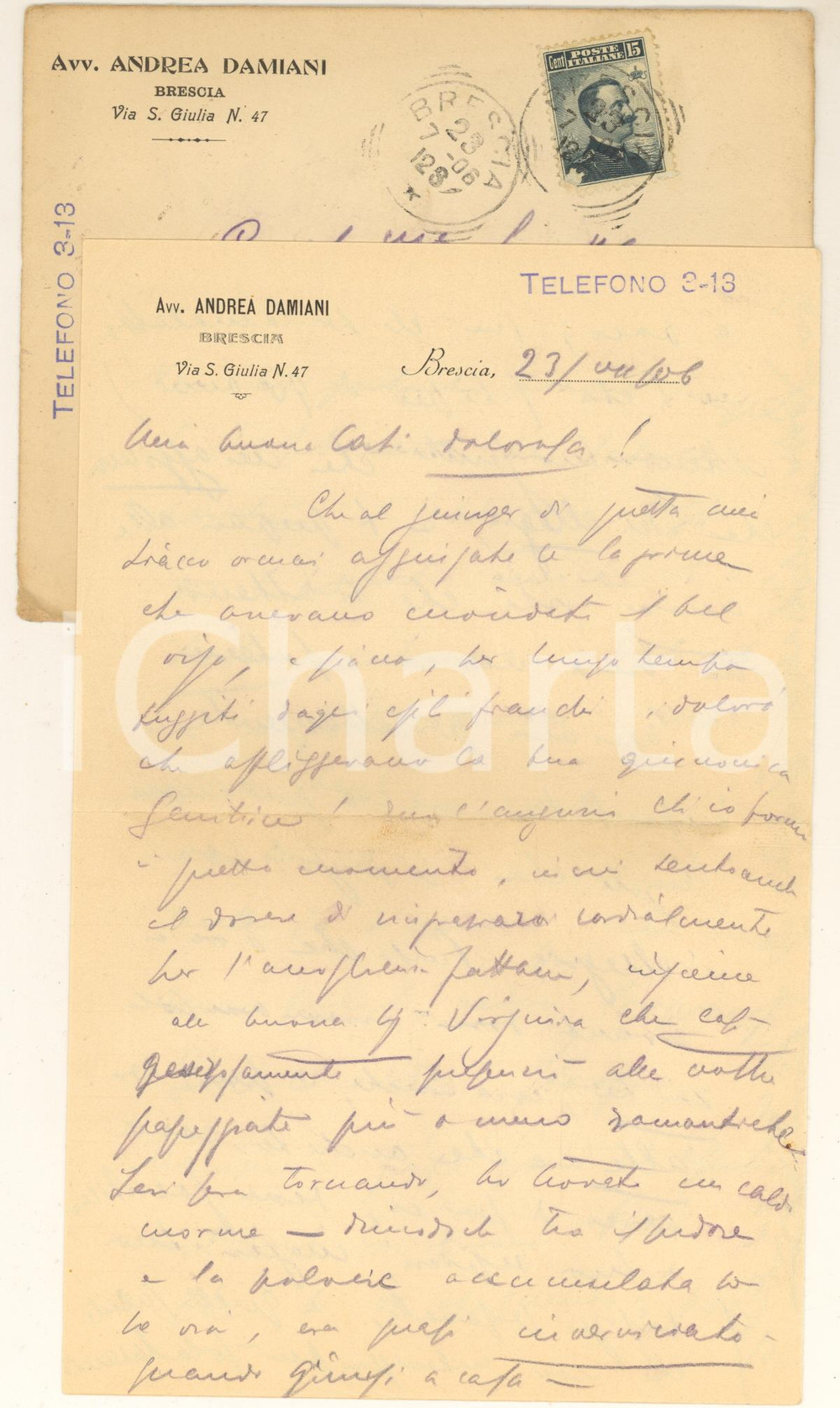 Manoscritto, lettera originale 1906 BRESCIA Lettera avv. Andrea DAMIANI a un amico Autografo 1